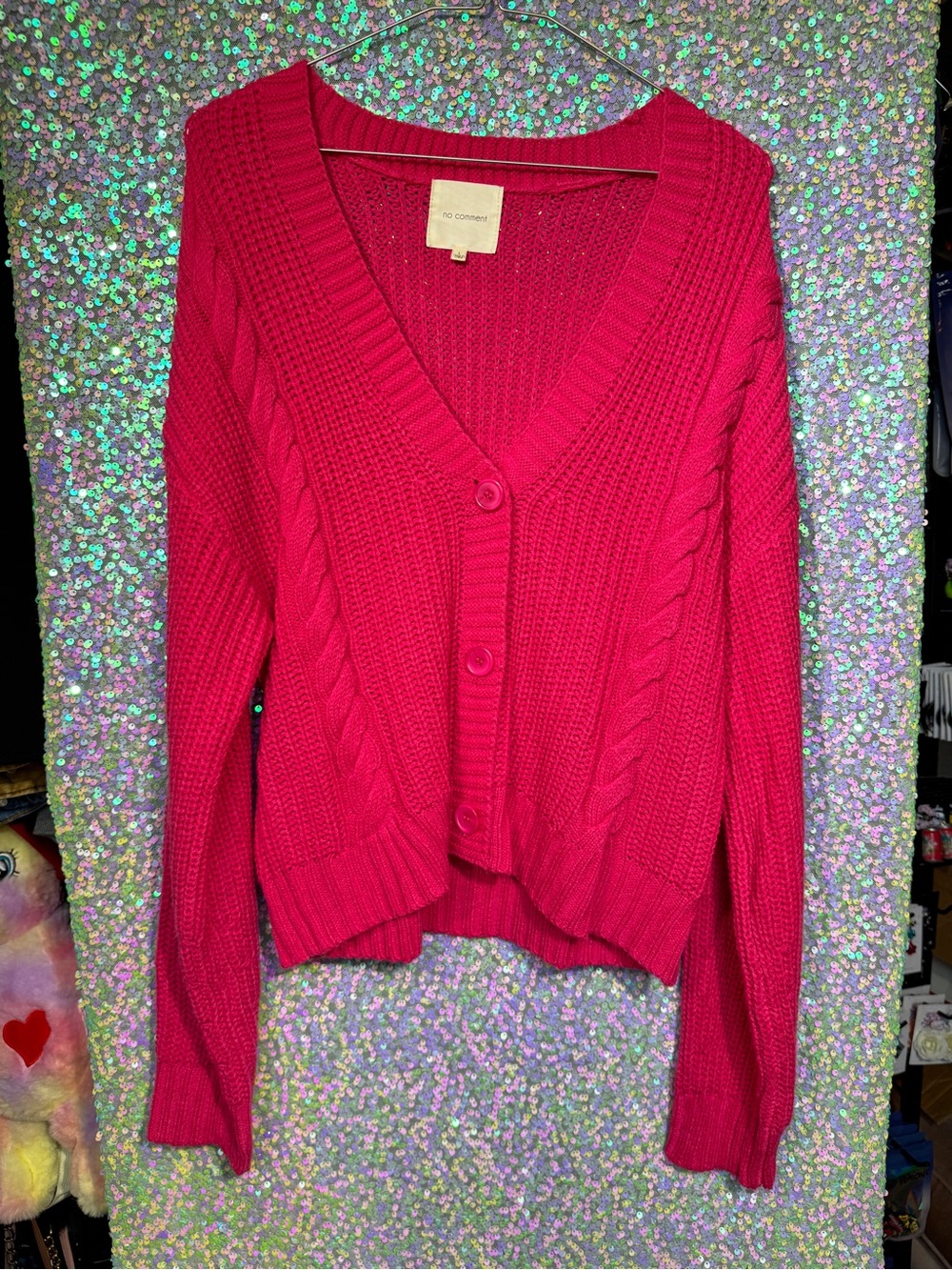 No Comment Hot Pink Cropped Cable-Knit V-Neck Cardigan
